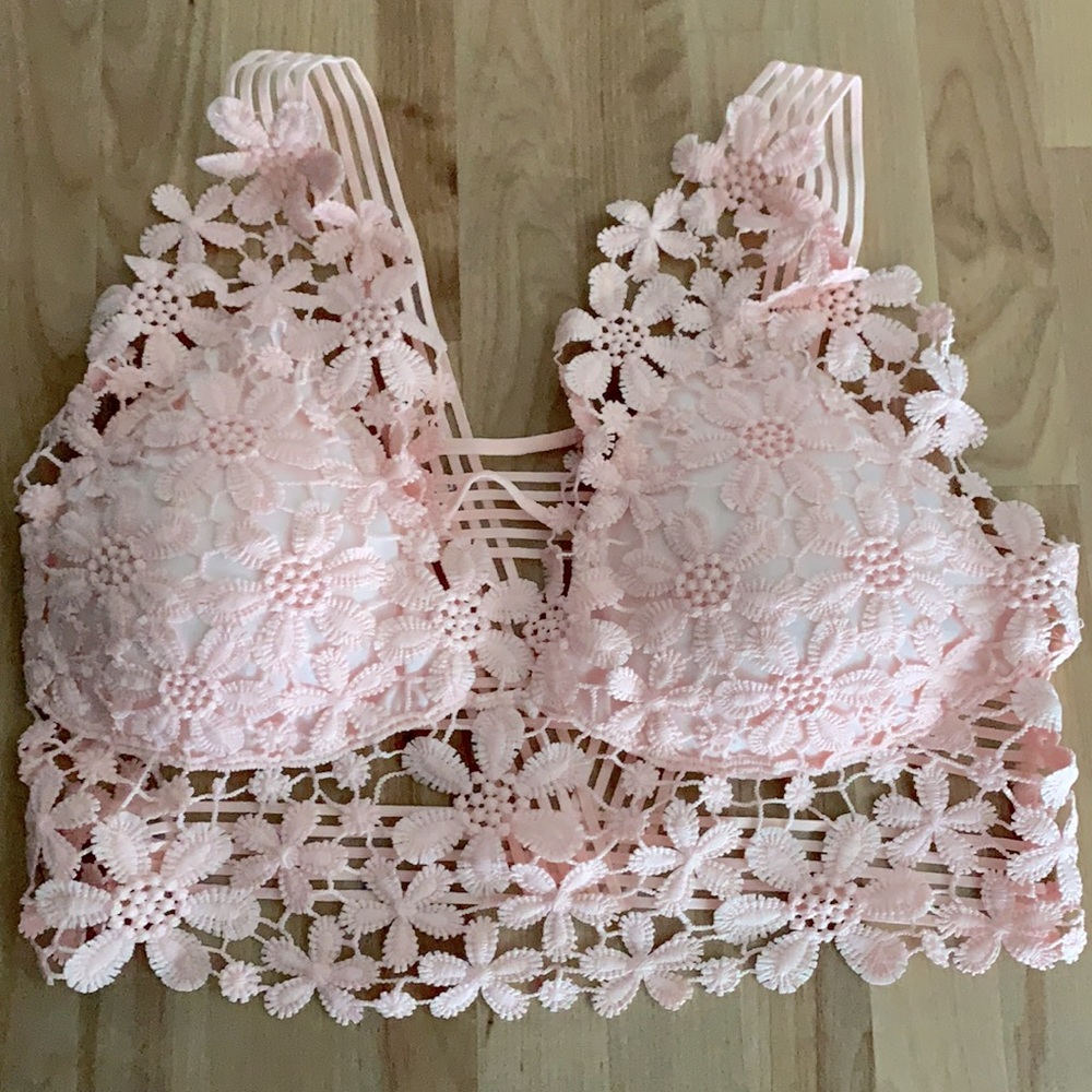 PEACHY PINK GUIPURE LACE CROCHET LONGLINE BRALETTE - Picture 9 of 15